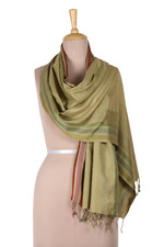 100% silk shawl, 'Olive Blush' - Olive Striped Shawl Hand-woven from 100% Silk in India