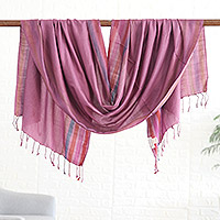 Mantón de seda, 'Mauve Charm' - Mantón indio de seda a rayas tejido a mano en color malva