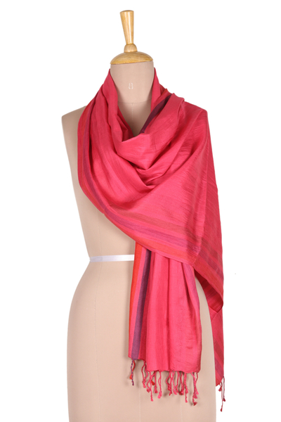 Silk shawl, 'Carmine Charm' - Indian Handloomed Striped Silk Shawl in Carmine