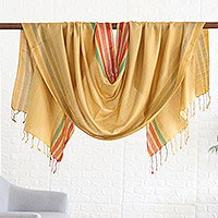 Silk shawl, 'Mustard Charm' - Indian Handloomed Striped Silk Shawl in Mustard