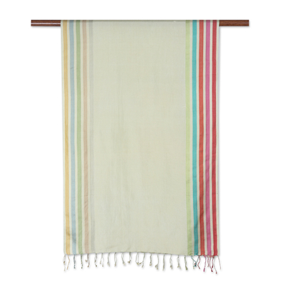 100% silk shawl, 'Pistachio Love' - Pistachio Striped Shawl Hand-woven from 100% Silk in India