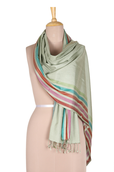 Silk shawl, 'Laurel Charm' - Indian Handloomed Striped Silk Shawl in Laurel