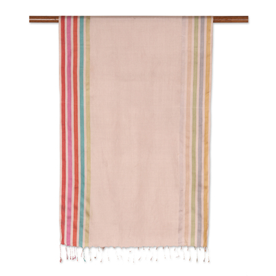 Silk shawl, 'Bisque Charm' - Indian Handloomed Striped Silk Shawl in Bisque