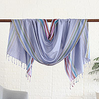 Mantón de seda, 'Steel Blue Charm' - Mantón indio de seda a rayas tejido a mano en azul acero