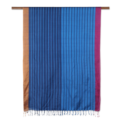 100% silk shawl, 'Classy Delight' - Blue Striped Shawl Hand-woven from 100% Silk in India