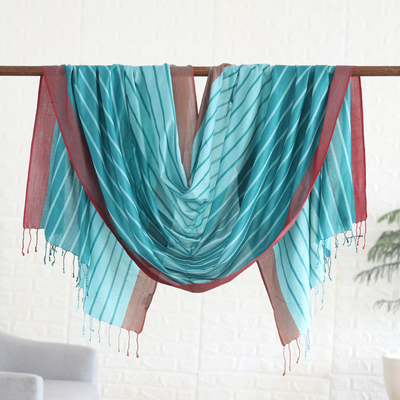 Silk shawl, 'Passionate Teal' - Handloomed Teal Silk Shawl with Striped Pattern