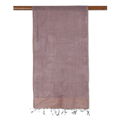 100% silk scarf, 'Appealing Style' - 100% Silk Grey and Brown Scarf Hand-woven in India