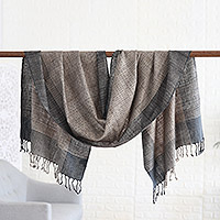 100% silk shawl, 'Midnight Noir' - Patterned Grey Shawl Hand-woven from 100% Silk in India
