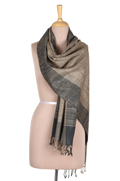 Patterned Grey Shawl Hand-woven from 100% Silk in India