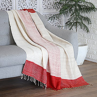 Silk throw blanket, 'Red Harmony' - Red Ivory Beige 100% Silk Throw Blanket Hand-Woven in India