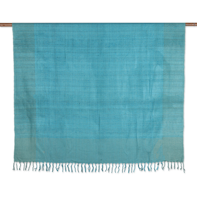 Silk throw blanket, 'Turquoise Glam' - Turquoise 100% Silk Throw Blanket Hand-Woven in India