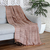 Silk throw blanket, 'Warm Sunset' - Orange and Grey 100% Silk Throw Blanket Hand-Woven in India