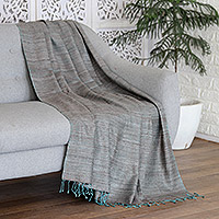Silk throw blanket, 'Turquoise Fantasy' - Taupe Turquoise 100% Silk Throw Blanket Hand-Woven in India