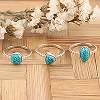 Sterling silver solitaire rings, 'Triple Charm' (Set of 3) - Set of 3 Sterling Silver Recon Turquoise Solitaire Rings