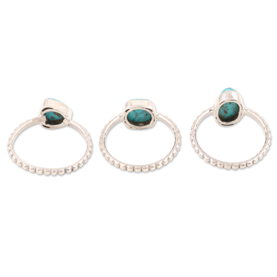 Sterling silver solitaire rings, 'Triple Charm' (Set of 3) - Set of 3 Sterling Silver Recon Turquoise Solitaire Rings