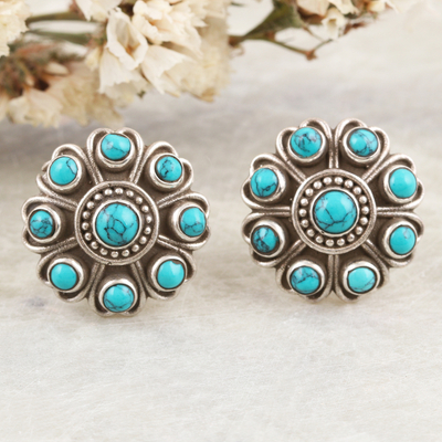 Sterling silver button earrings, 'Charming Mysticism' - Reconstituted Turquoise and Sterling Silver Button Earrings