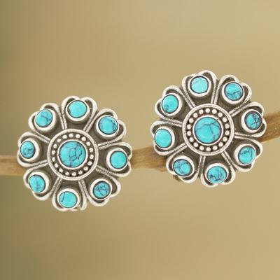 Sterling silver button earrings, 'Charming Mysticism' - Reconstituted Turquoise and Sterling Silver Button Earrings