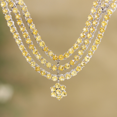 Rhodium-plated citrine pendant necklace, 'Yellow Queen' - Rhodium-Plated Citrine Pendant Necklace from India