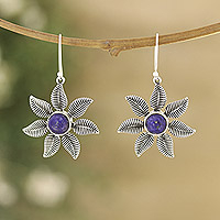 Lapis lazuli dangle earrings, 'Royal Leafy Blossom' - Sterling Silver Dangle Earrings with Lapis Lazuli Stones