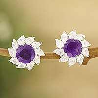 Amethyst and cubic zirconia button earrings, 'Dazzling Glamour' - Amethyst and Cubic Zirconia Button Earrings from India