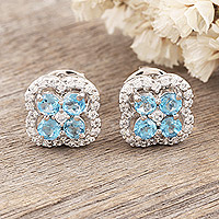 Blue topaz and cubic zirconia button earrings, 'Glowing Sparkles' - Blue Topaz and Cubic Zirconia Button Earrings from India