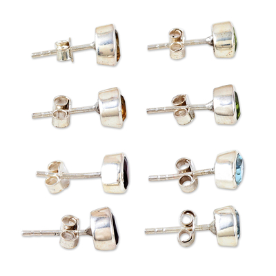 Gemstone stud earrings, 'All for One' (set of 4) - Set of 4 Gemstone and Sterling Silver Stud Earrings