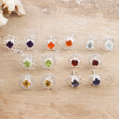 Gemstone stud earrings, One for All (set of 7)