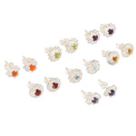 Gemstone stud earrings, 'One for All' (set of 7) - Set of 7 Gemstone and Sterling Silver Stud Earrings