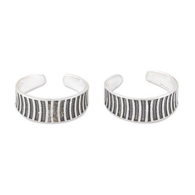 Sterling silver toe rings, 'Striped Style' (pair) - Set of 2 Bohemian Style Sterling Silver Toe Rings from India