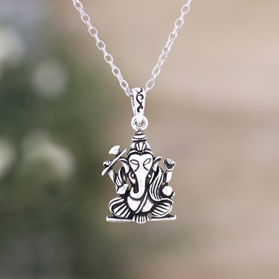 Sterling silver pendant necklace, 'Spiritual Ganesha' - Hindu God Ganesha Themed Sterling Silver Pendant Necklace