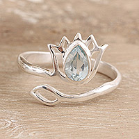 Blue topaz wrap ring, 'Iridescent Lotus' - Wrap Ring Made with Blue Topaz and Sterling Silver in India