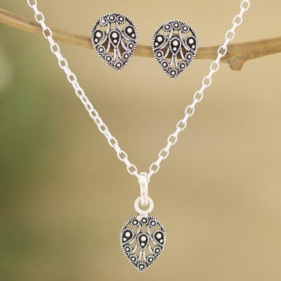 Sterling silver jewellery set, 'Autumn Leaves' - Earrings and Pendant Necklace Sterling Silver jewellery Set