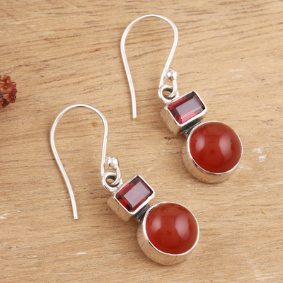 Garnet and carnelian dangle earrings, 'Red Alliance' - Garnet and Carnelian Dangle Earrings from India