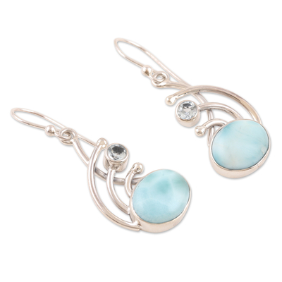 Larimar and blue topaz dangle earrings, 'Blue Chant' - Sterling Silver Larimar and Blue Topaz Dangle Earrings