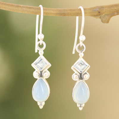 Blue topaz and chalcedony dangle earrings, 'Dancing Blue Gems' - Indian Blue Topaz and Chalcedony Dangle Earrings