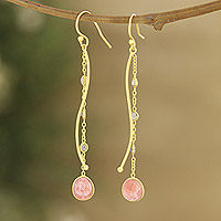 Gold-plated rhodochrosite dangle earrings, 'Sway in Style' - 18k Gold-plated Rhodochrosite Dangle Earrings from India