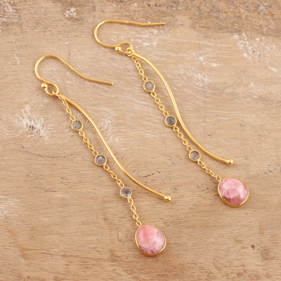 Gold-plated rhodochrosite dangle earrings, 'Sway in Style' - 18k Gold-plated Rhodochrosite Dangle Earrings from India