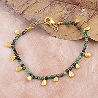 Gold-accented zoisite beaded charm bracelet, 'Dangling Gold' - 18k Gold-plated Zoisite Beaded Charm Bracelet from India
