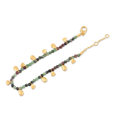 Gold-accented zoisite beaded charm bracelet, 'Dangling Gold' - 18k Gold-plated Zoisite Beaded Charm Bracelet from India