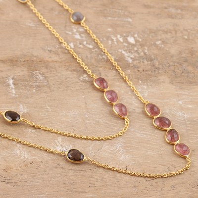 Gold-plated long quartz station necklace, 'Gleaming Fusion' - Quartz and Moonstone 18k Gold-plated Long Station Necklace