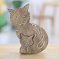 Wood puzzle box, 'Cheeky Friends' - Hand-Carved Cat Themed Wood Puzzle Box from India