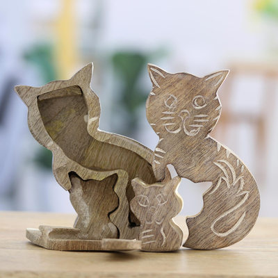 Caja de rompecabezas de madera - Caja de rompecabezas de madera tallada a mano con temática de gato de la India