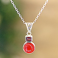 Garnet and carnelian pendant necklace, 'Red Alliance' - Garnet and Carnelian Pendant Necklace from India