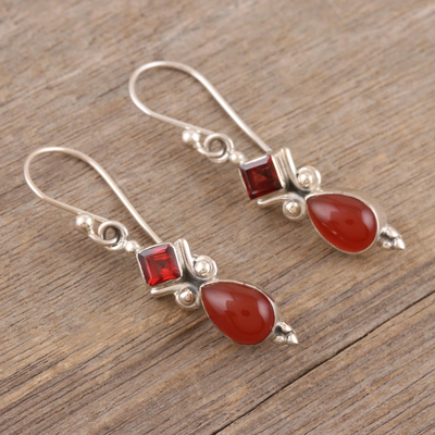 Indian Garnet and Carnelian Dangle Earrings - Dancing Red Gems