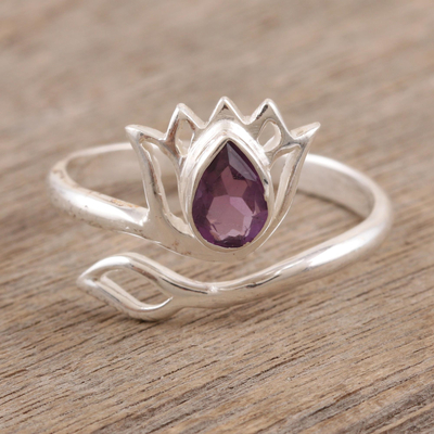 Amethyst wrap ring, 'Lilac Lotus' - Amethyst and Sterling Silver Lotus Wrap Ring from India