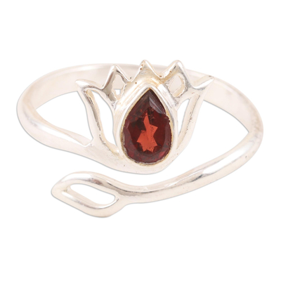 Garnet and Sterling Silver Lotus Wrap Ring from India