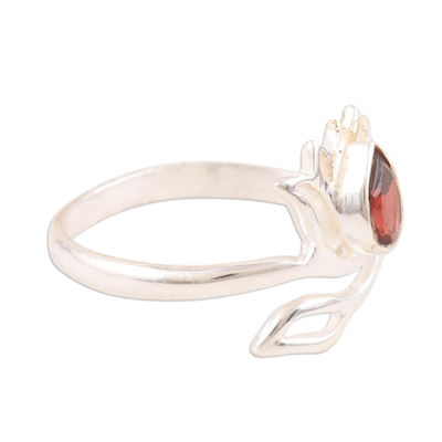 Garnet wrap ring, 'Radiant Lotus' - Garnet and Sterling Silver Lotus Wrap Ring from India