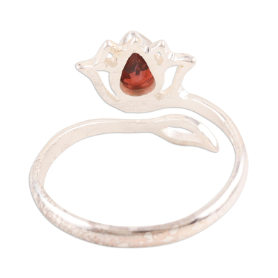 Garnet wrap ring, 'Radiant Lotus' - Garnet and Sterling Silver Lotus Wrap Ring from India