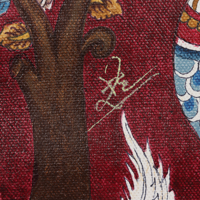 Kalamkari-Malerei, 'Lächeln in der Natur' - Mehrfarbige Acryl-Kalamkari-Malerei von Baum und Pfauen