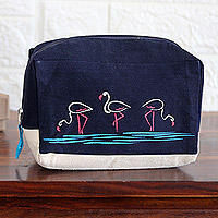Cotton toiletry case, 'Flamingo Appeal' - Navy and Alabaster Cotton Toiletry Case Crafted in India